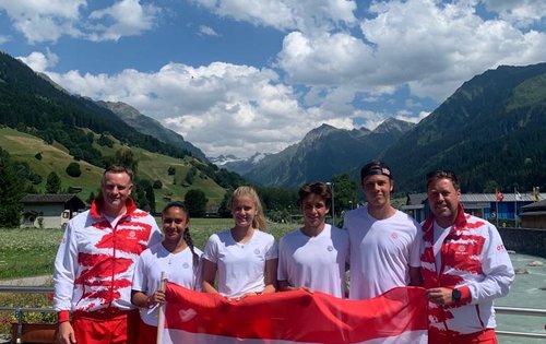 U18 EM in Kolsters: (von links nach rechts) Philip Gille (Coach), Tamara Kostic, Alexandra Zimmer, Benedikt Szerencsits, Joel Schwärzler, Christoph Niedhart (Coach)